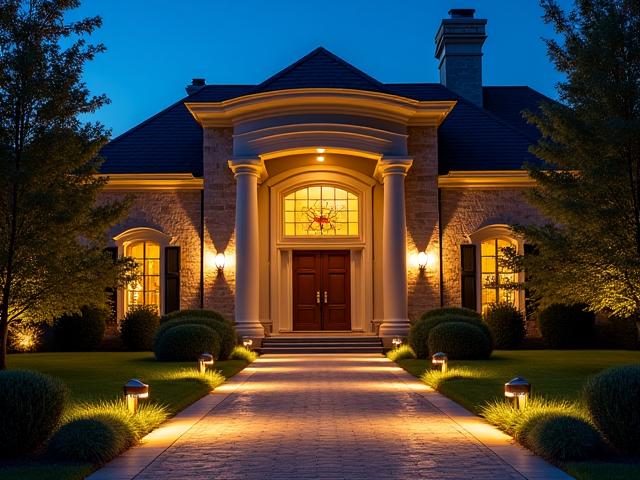 Day/Night comparison of a large residential estate entrance dramatically lit by integrated path and architectural uplighting.