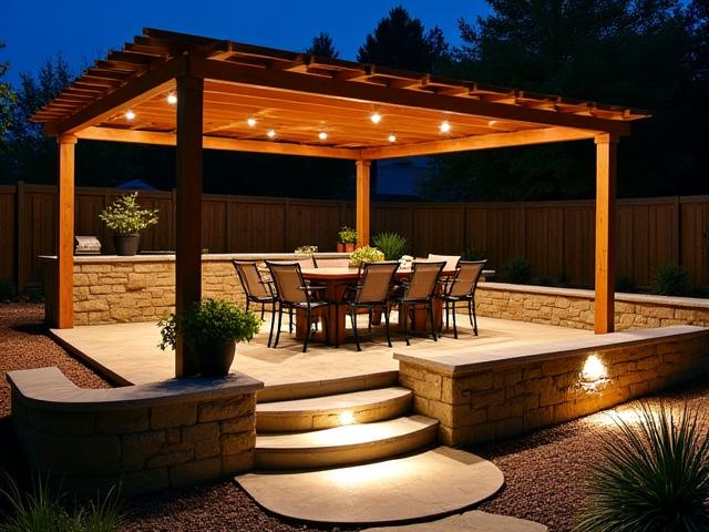 A modern outdoor patio and kitchen area softly lit by low-voltage hardscape and downlights for evening entertainment.