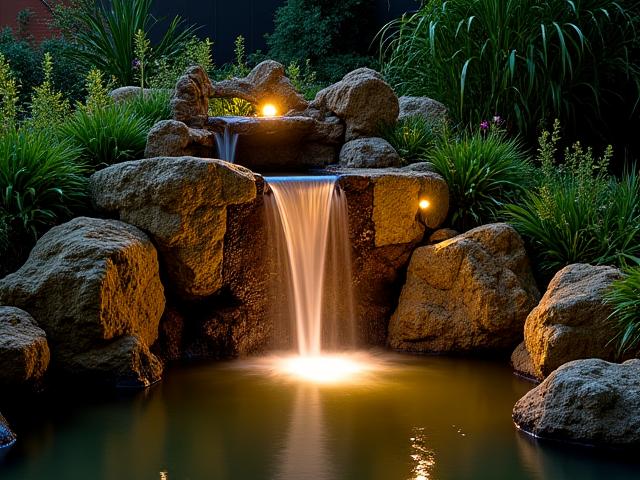 A custom stone water feature illuminated from beneath, creating a vibrant, glowing focus in the dark garden.