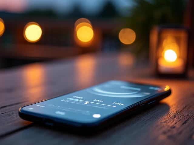 A sleek smartphone displaying an outdoor lighting control application with zones and dimming sliders