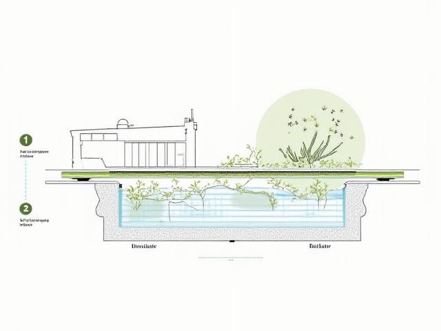 Illustrated diagram detailing the flow of water on a sophisticated green roof, showing runoff collection in the drainage layer leading safely to integrated roof drains, emphasizing proper root and waterproofing protection layers.