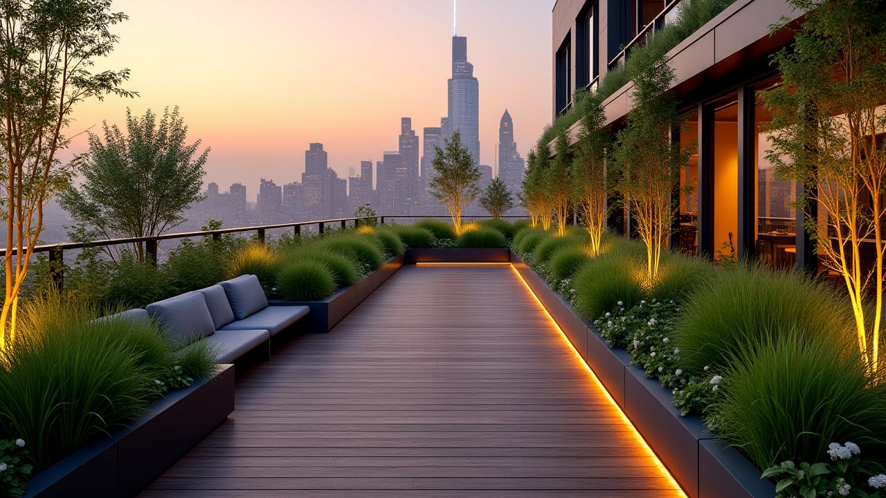 Lush, contemporary rooftop garden oasis with comfortable seating, modern planters, and stunning views of a distant urban skyline at sunset, demonstrating a profound space transformation.