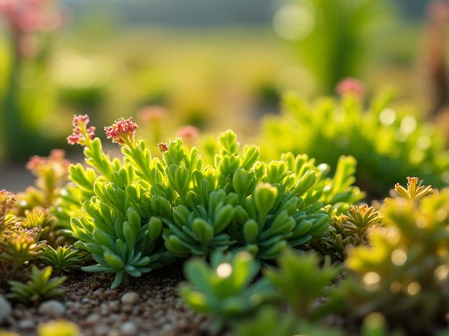 Close-up view of a selection of thriving, low-maintenance rooftop plants including Sedum groundcovers, ornamental Pennsylvania native grasses like Little Bluestem, and low-growing flowering perennials, thriving in a dense planting bed.