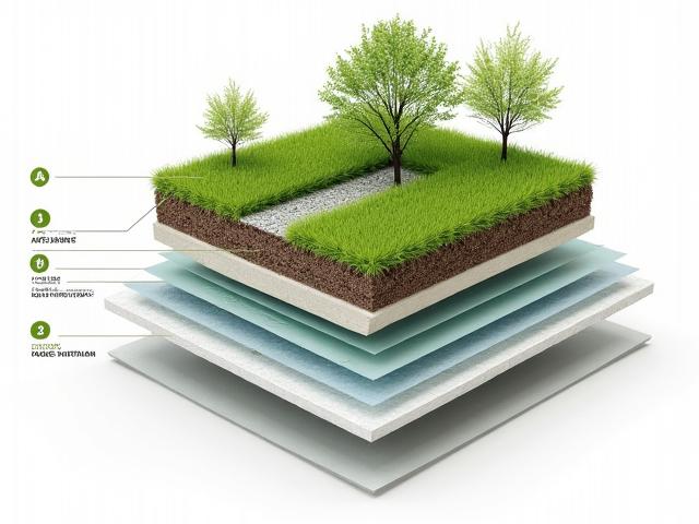 Technical cross-section diagram view of a multi-layer green roof system showing the different components: structural deck, waterproofing membrane, root barrier, drainage layer, filter fabric, engineered growing medium, and plant layer.