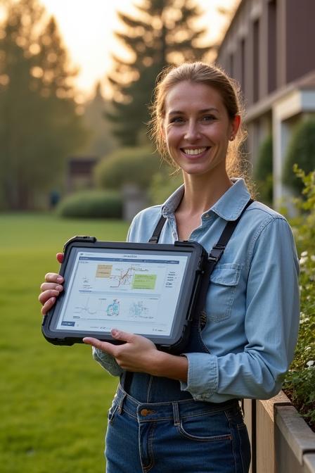A landscape architect consultant reviewing a digital tablet displaying soil data or irrigation scheduling, while standing near a newly installed smart controller box in a beautifully maintained garden.