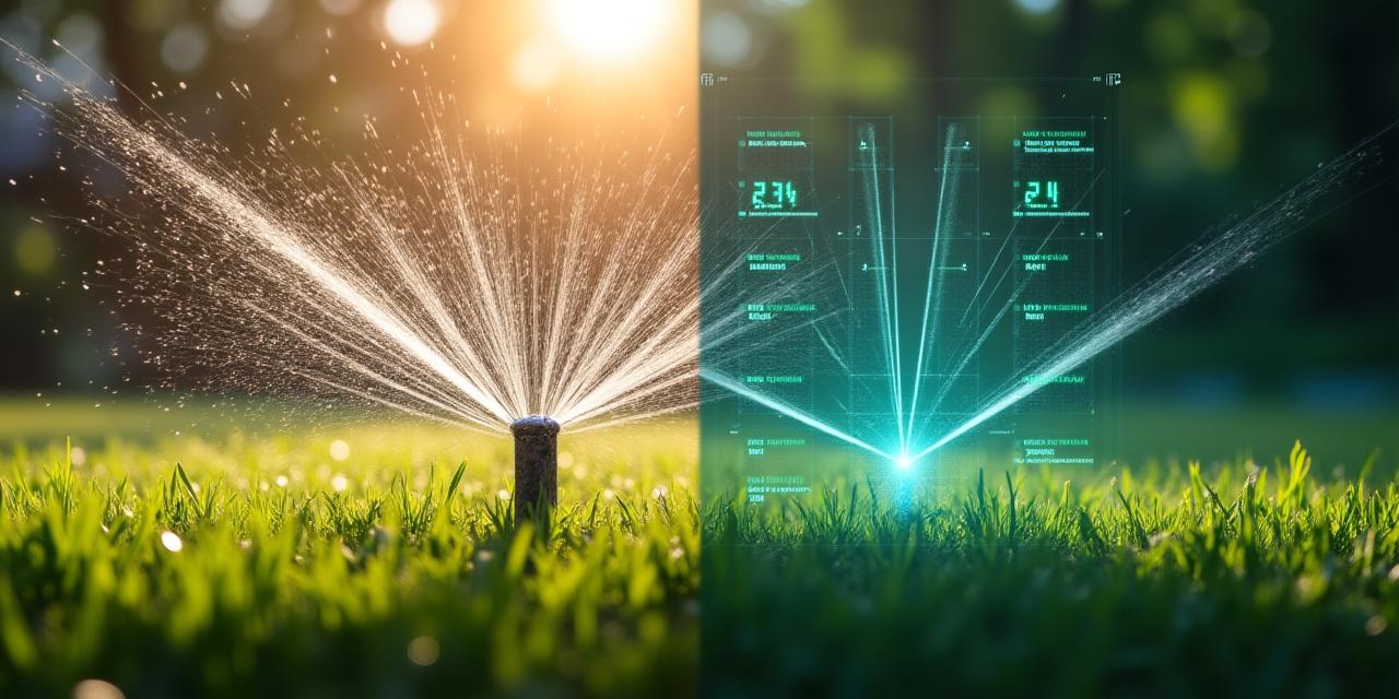 Visual representation of a smart irrigation controller delivering precise water based on real-time weather and soil data, showing a dramatic reduction in water waste compared to a traditional timer system.