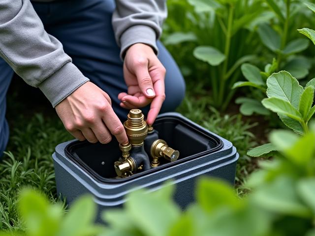 A technically proficient landscape technician in branded uniform performing maintenance or installation on a valve box, demonstrating clean, professional work inside an established garden.