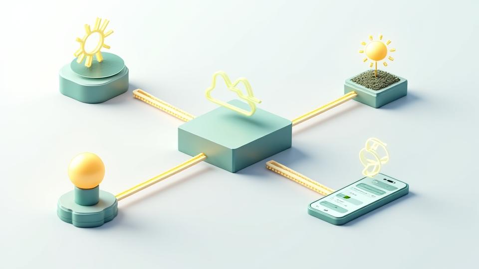 Diagram illustrating the interconnected components of a smart irrigation system, showing the central controller receiving data from a remote weather station, soil moisture sensors, and flow meter, all manageable via a mobile app.