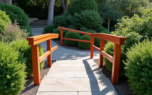A beautifully constructed, ADA-compliant ramp leading through a garden, showing integrated handrails and contrasting ground textures for safety.