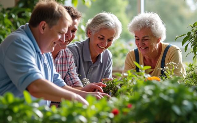 A small group of seniors and a therapist working together at a raised, accessible potting bench, laughing and engaging with plants.