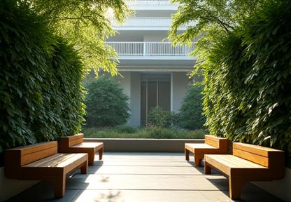 A contemplative courtyard garden surrounded by hospital windows, used for passive viewing and short recovery walks.