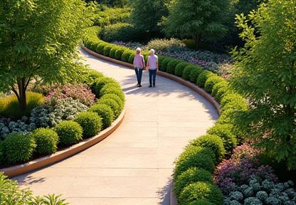 A secure, looping pathway in a garden designed for dementia patients, featuring reminiscence plantings and clear demarcation.