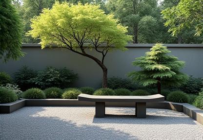 A clean, minimalist meditation garden with a simple stone bench and a single focal point tree.