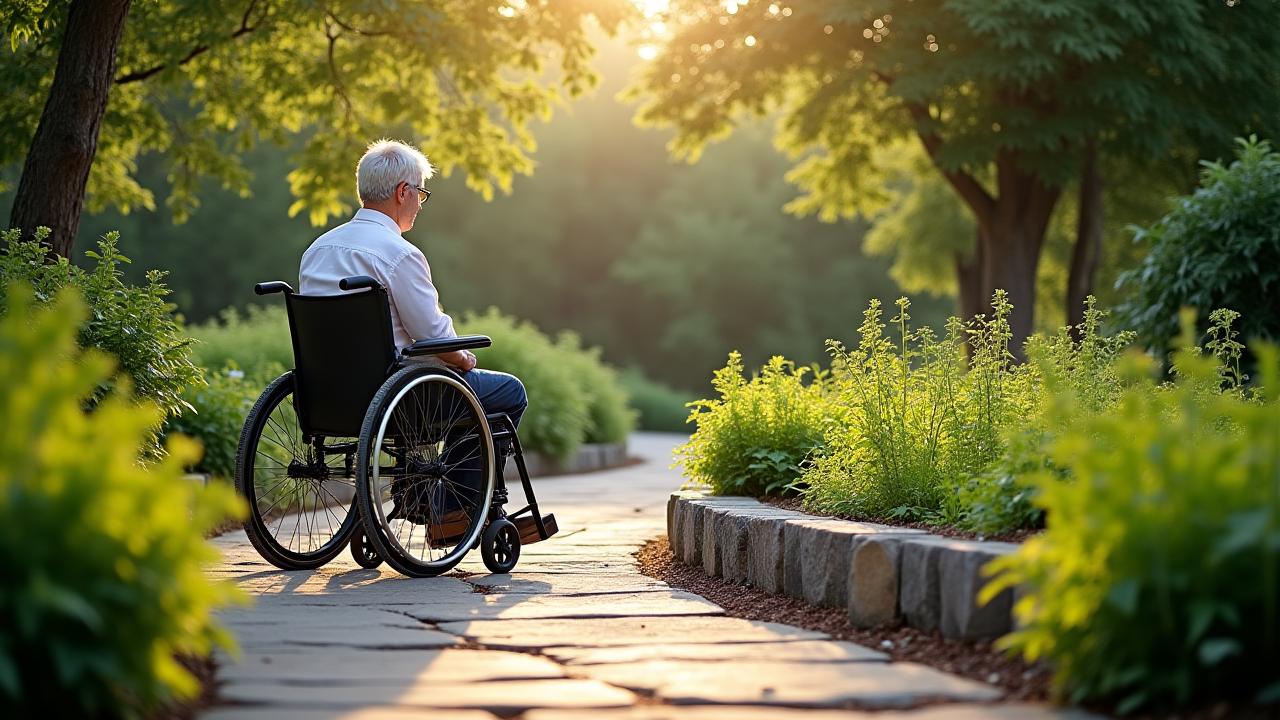 Serene therapeutic garden pathway with a person in a modern wheelchair tending an accessible raised planting bed, surrounded by lush, calming foliage.