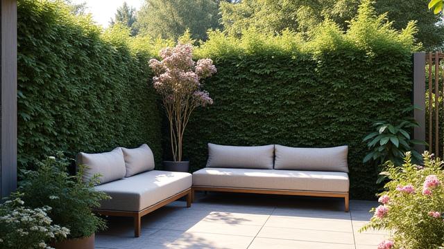 Respite care center courtyard showing comfortable outdoor seating areas and subtle screening plants.