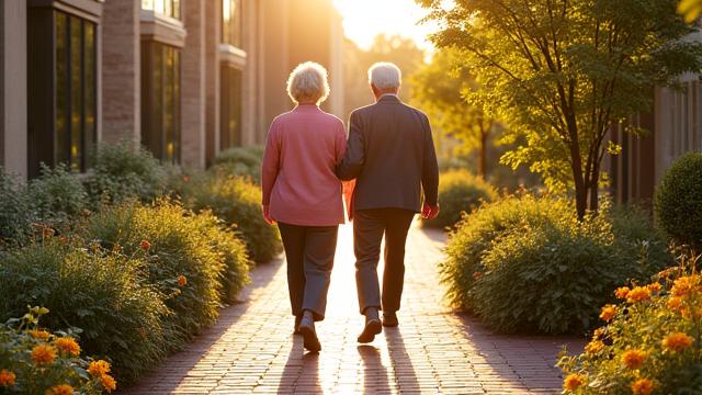 Elderly couple walking on a wide, level garden path in a senior living community with handrails hidden in the planting.