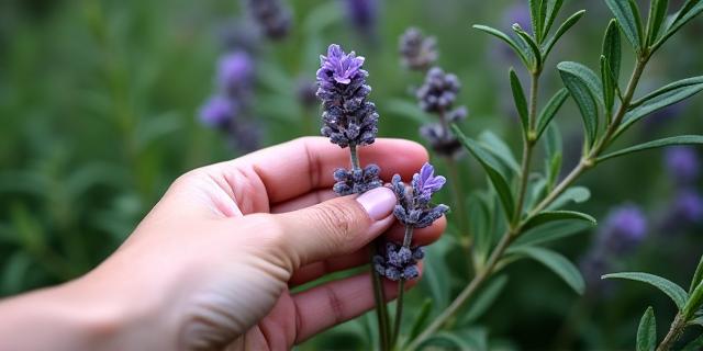 Close-up on aromatic rosemary and calming lavender being gently rubbed by a hand.