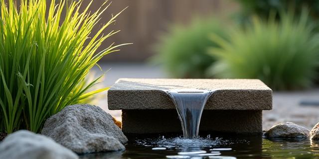 A small, gently trickling water feature surrounded by ornamental grasses that rustle in the breeze.