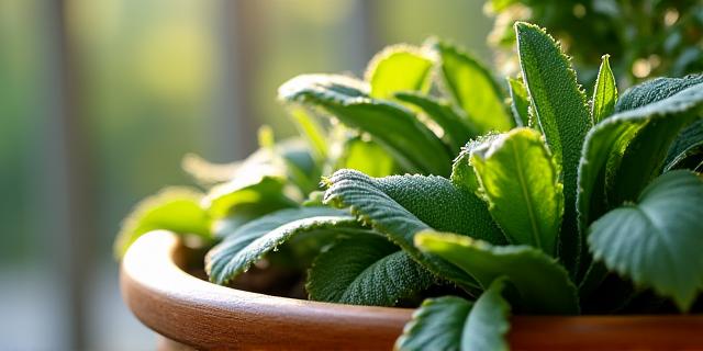 A variety of plants with distinct textures, including lamb's ear and moss, in an accessible raised planter.