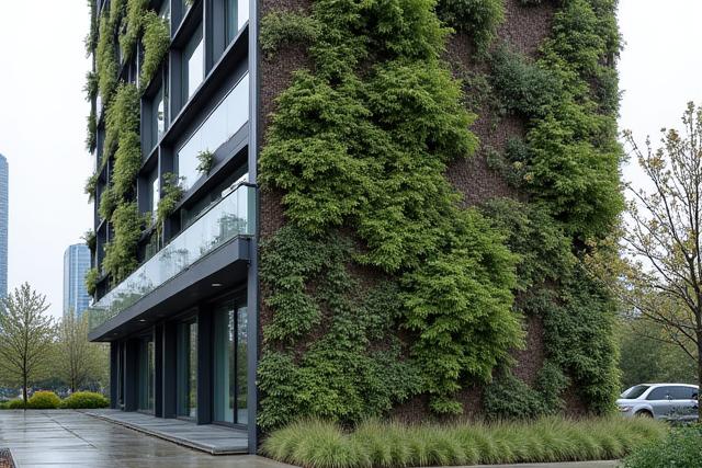 A dramatic green facade covering the large exterior wall of an urban hotel, showcasing resilience against weather elements.