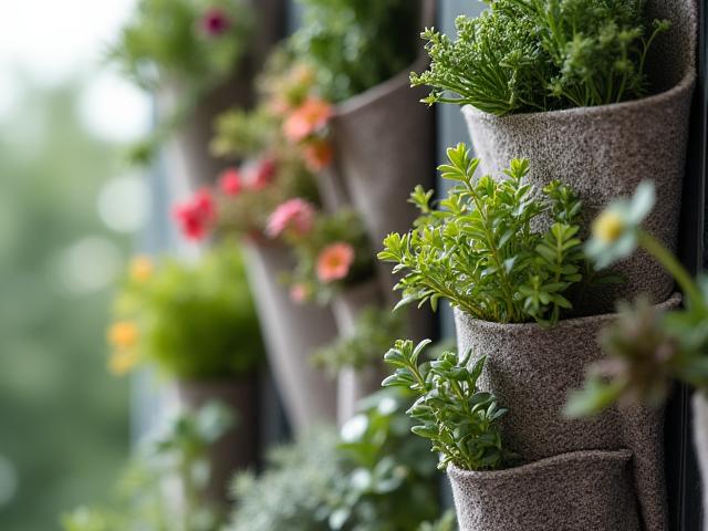 Detailed shot of a sophisticated felt pocket vertical garden system, showing roots established within the textile membrane.