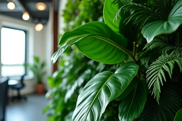 Vibrant composition of large-leafed ferns and deep green foliage plants specifically selected for an interior living wall.