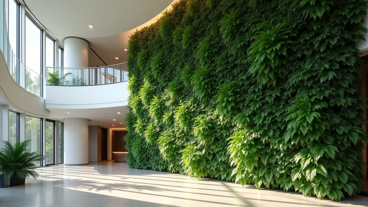 Dramatic interior living wall installation spanning two floors of a modern, sunlit corporate lobby, featuring a variety of tropical foliage and integrated architectural lighting.