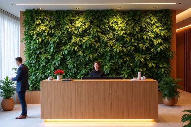 An impeccably maintained tropical living wall inside a modern, softly lit office reception area, promoting biophilia.