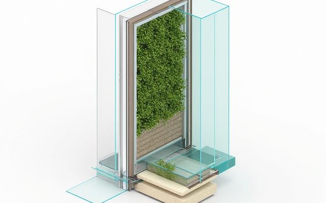 Technical cross-section diagram showing waterproof membrane, capillary matting, and automated drip irrigation lines embedded within a building's living wall structure.