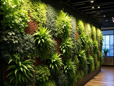 Complex indoor vertical garden with integrated lighting, showing diverse leaf shapes.