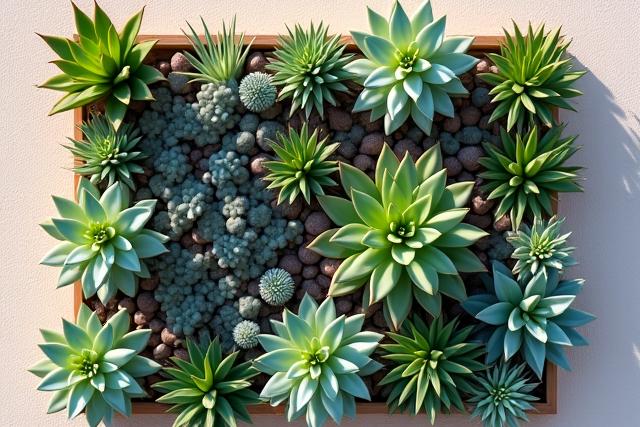 A modern, architectural living wall design composed entirely of various shapes and colors of succulents and air plants.